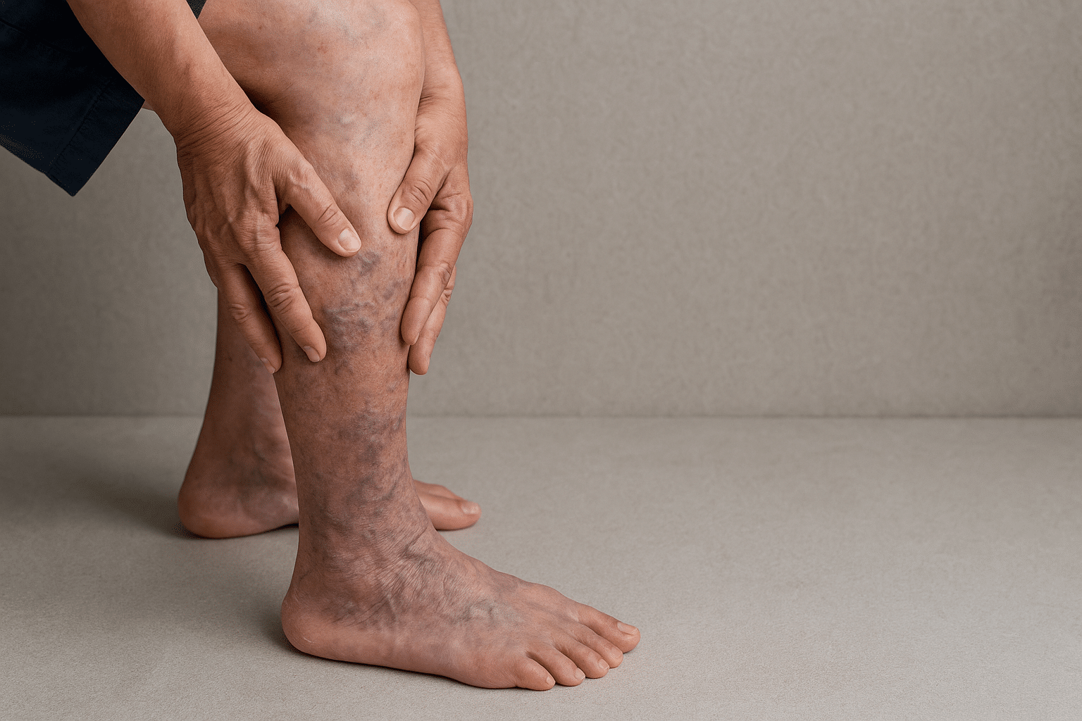 A person's legs with visible varicose veins, emphasizing the need for the best exercises for managing PAD symptoms.